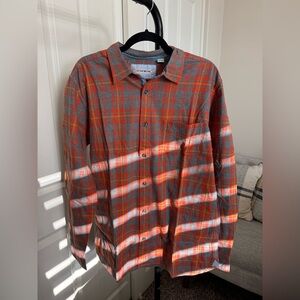 32 Bar Blues Flannel Button-Up Shirt – Orange & Grey Plaid (Size L)